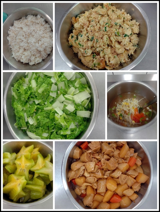 午餐：★(高纖麥片飯)、蘿蔔滷麵腸、芝麻甜蔥煎蛋、季節時蔬、蕃茄黃芽湯、四季水果2025/03/03