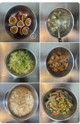 午餐：(燕麥飯)、香滷雞腿丁、什錦炒肉羹、季節時蔬、日式味噌湯、四季水果