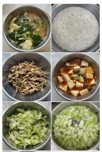 午餐：(營養糙米飯)、蔥爆肉絲、蕃茄燴嫩腐、季節時蔬、鮮味絲瓜湯