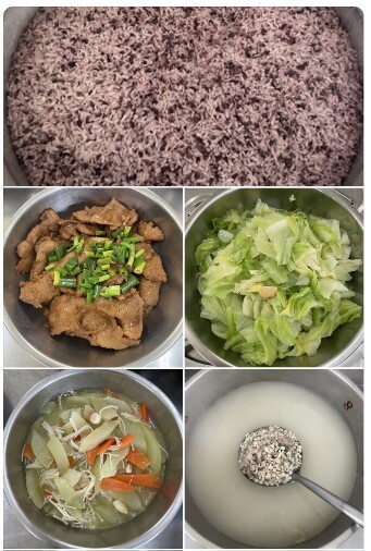 午餐：(養生紫米飯) 、古早味豬排、鮮菇大瓜、季節時蔬、薏仁排骨湯