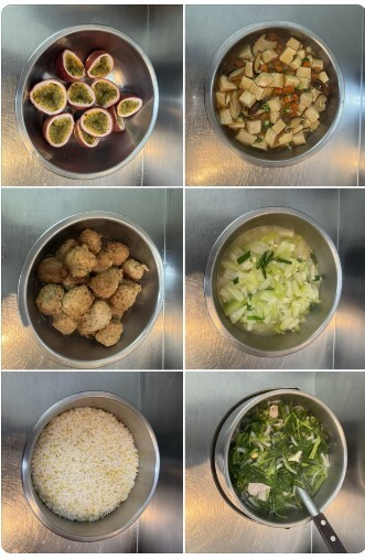 午餐：(健康小米飯)、滷DIY魚漿丸、家常豆腐、季節時蔬、越式肉片湯、四季水果