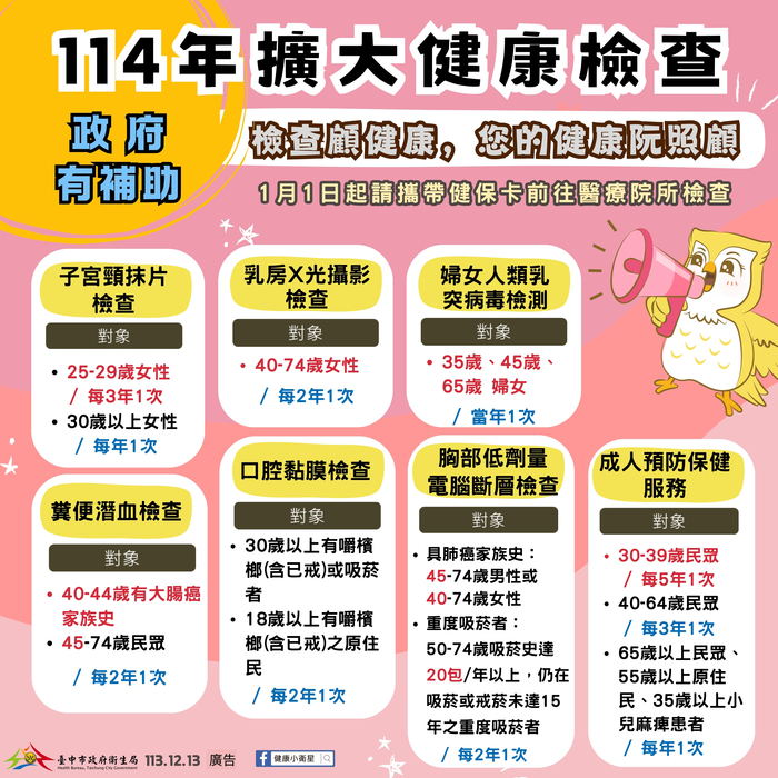 轉知：衛生福利部自114年1月1日起擴大成人預防保健服務及五大癌症篩檢之年齡範圍圖片