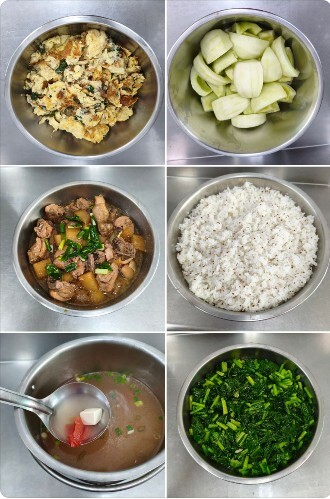 午餐：(紅藜飯) 、蘿蔔燒雞、羅勒煎蛋、季節時蔬、蕃茄豆腐湯、四季水果